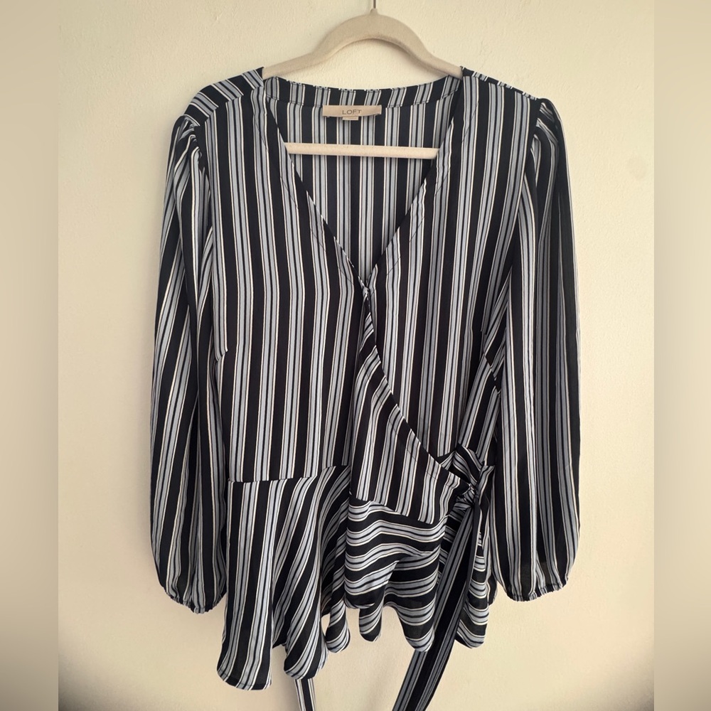 LOFT Navy, Pale Blue and White Striped smart Wrap Blouse
